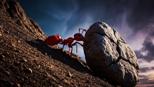 Red ant pushing large rock uphill.