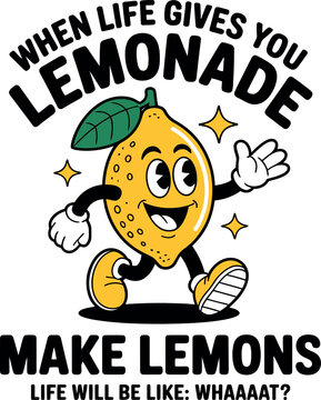 Funny cartoon lemon character with eyes and arms dancing to life will be like whaaat