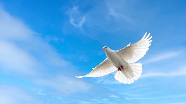 A bright white bird flies gracefully against a vibrant blue sky, wings spread wide