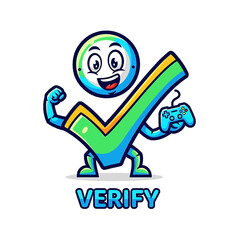 Fototapeta premium Verify mascot character with checkmark and game controller