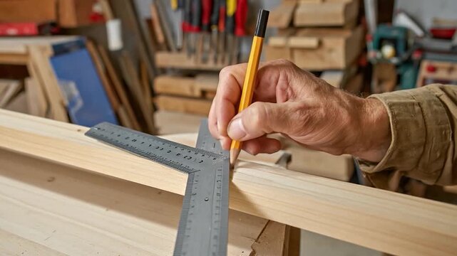A carpenter's hand uses a pencil and square to measure and mark wood in a workshop, focusing on precision
