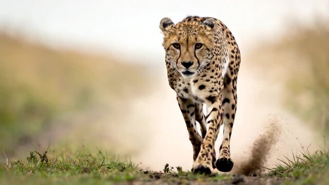 A cheetah sprints towards the viewer on a dirt path in a blurred grassy environment, eyes focused