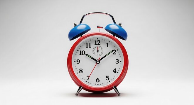 A red and blue classic alarm clock on a plain background