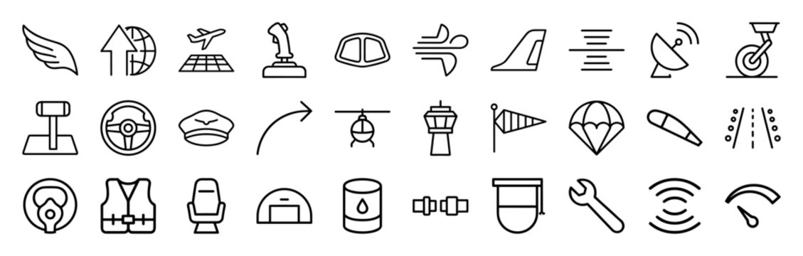 Flight Simulator Aviation Technology Linear Symbols. Minimalist monoline geometric line art for digital pilot training and navigation.