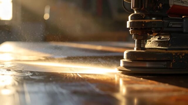 A close-up view of a woodworking sander in operation, creating a cloud of dust. Light shines