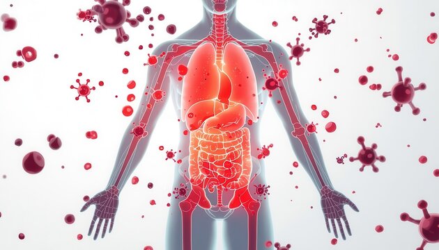 Human Body and Virus Interaction: A detailed illustration shows the human body under siege by a virus, highlighting the immune system's battle against the invader. 