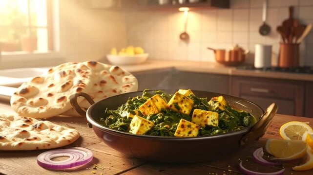 A culinary composition paneer and spinach dish with bread on wooden surface, kitchen background