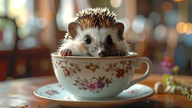 A cute hedgehog peers from inside a floral teacup on a saucer, soft-focus background