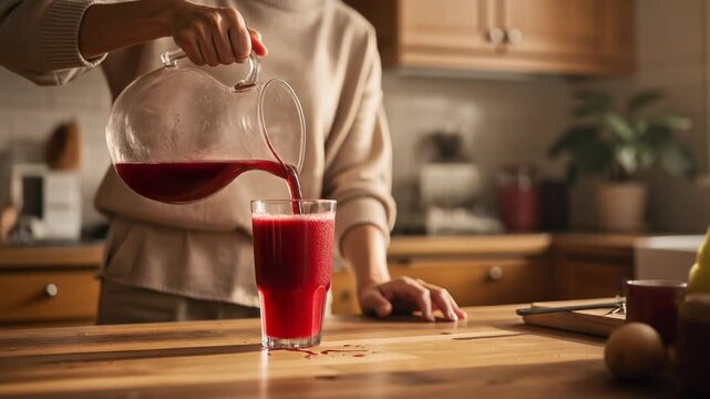 Fresh red juice being poured into a glass in a cozy kitchen setting