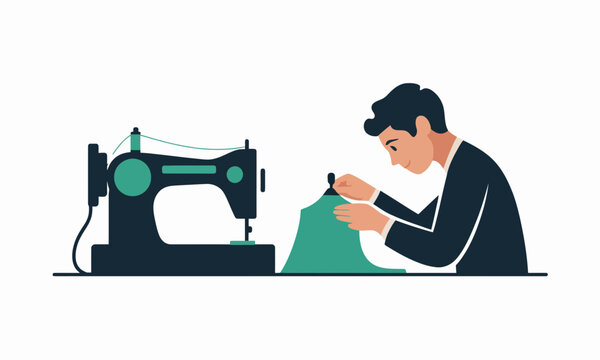 Male Tailor Working on Sewing Machine Flat Vector Illustration