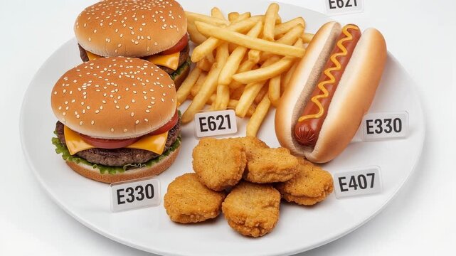 Fast food platter with burgers fries nuggets and hot dog labeled with food additive codes