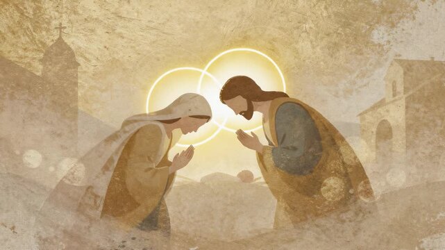 Religious art of Mary and Joseph praying over baby Jesus in Bethlehem with church background