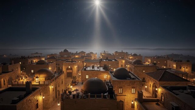 Ancient Middle Eastern stone village illuminated by warm lights under a starry night sky with bright moonbeams