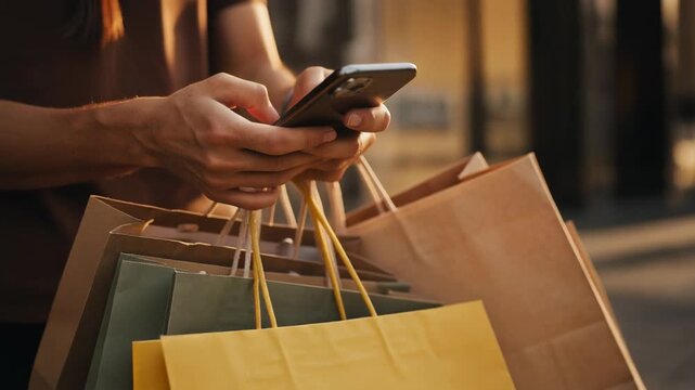 Close up of woman holding shopping bags and using smartphone outdoors shopping concept