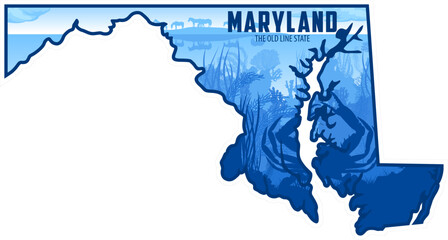 vector Maryland  sticker design with blue crab and Assateague island horses © Save Jungle
