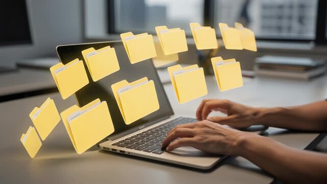 Digital file management concept with floating yellow folders and hands typing on laptop keyboard in modern office