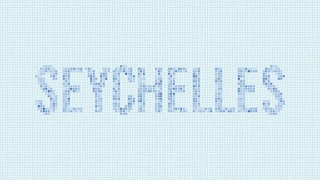 Seychelles dotted map animation. Digital style shape of Seychelles and island title blue dots appear with flickering effect. Creative Intro, outro, title, logo video.