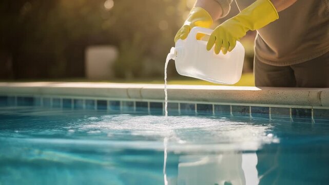 Person pouring liquid chlorine into swimming pool for water cleaning and maintenance