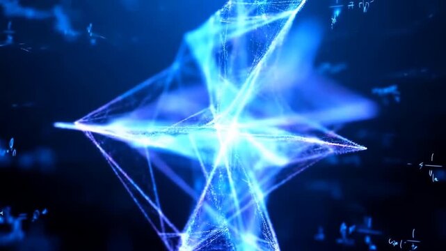 Quantum Superposition Visualization &ndash; Glowing Polyhedral Qubit Structure with Floating Wave Functions and Probability Amplitudes