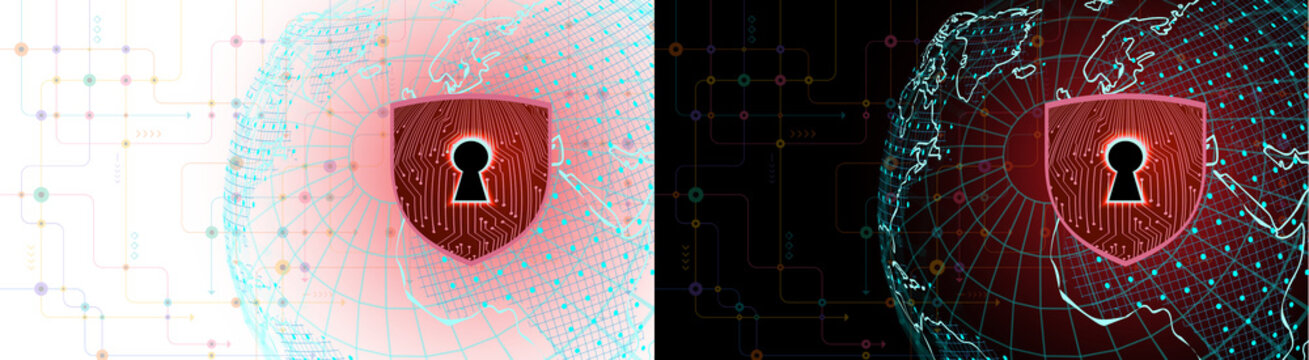 PNG image of Digital global security shield icon protecting worldwide data networks with circuit board patterns on transparent background