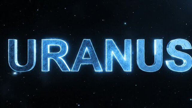 Uranus in deep space with glowing blue text against a starry backdrop, showcasing cosmic beauty and astronomical wonders.