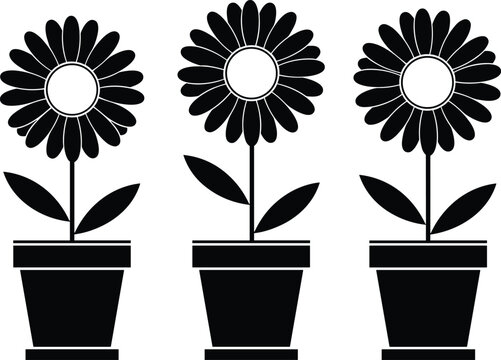 Black potted flower silhouettes, decorative floral icons, stylized plant design, garden art outline set, botanical vector illustration, blooming petals, ornamental nature graphics