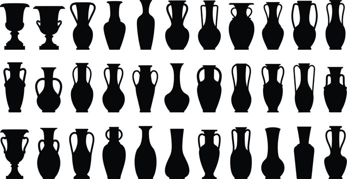 Black vase silhouettes collection, classical urn shapes, amphora designs, pottery outline set, decorative ceramic icons, ancient vessel forms, archaeology art inspiration