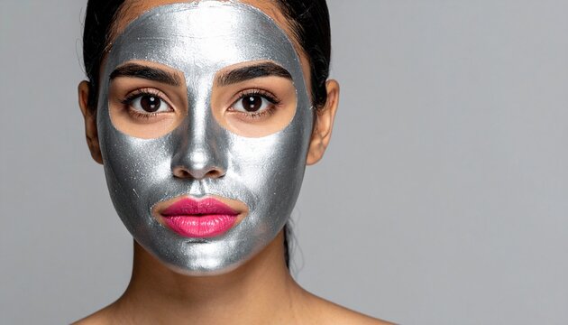 Woman with silver face mask and pink lips looking directly at camera