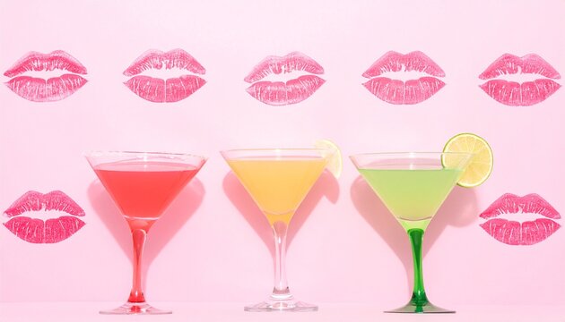 Colorful cocktails with lipstick kiss marks on pink background