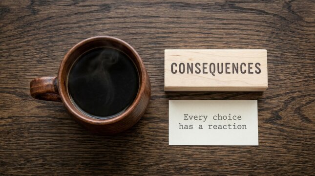 Inspirational Coffee Break: Consequences of Every Choice Displayed on a Dark Oak Table