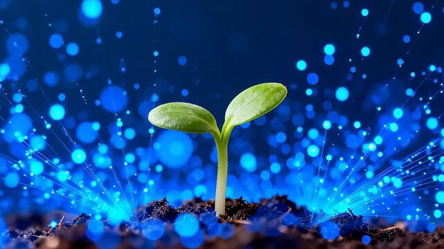 Sprouting plant with glowing blue light