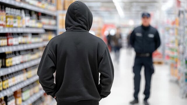A person in a black hoodie walks through a store aisle while a security guard watches from afar.