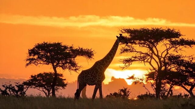 A giraffe silhouettes against a vibrant orange sunset, grazing on a tree in the savanna