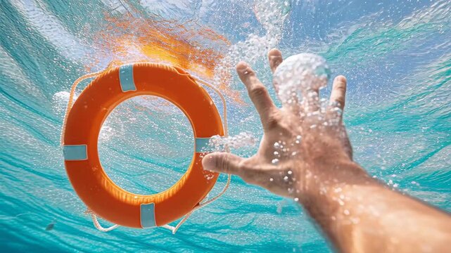 A hand reaches for an orange lifebuoy underwater in clear blue sea water, safety and rescue.