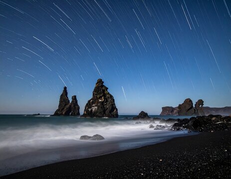 Tri-Bratya sea stacks at night in Avacha Bay with linear star trails. Sharp volcanic rocks, white ocean mist, and black sand beach with deep focus and copy space. Kamchatka nature concept.