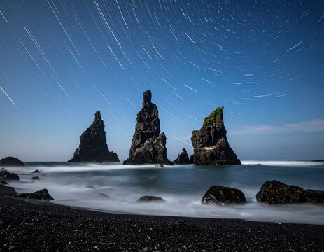 Tri-Bratya sea stacks at night in Avacha Bay with linear star trails. Sharp volcanic rocks, white ocean mist, and black sand beach with deep focus and copy space. Kamchatka nature concept.