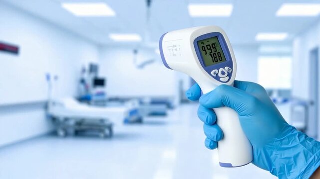 A gloved hand holds a digital thermometer in a medical setting, with a display showing a temperature