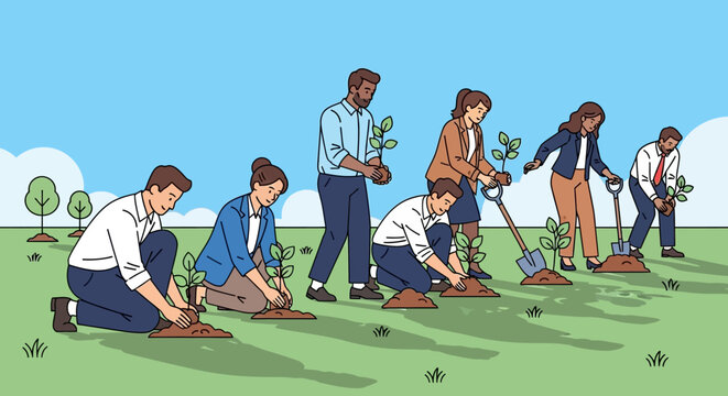 Diverse group of people planting trees outdoors, environmental care concept