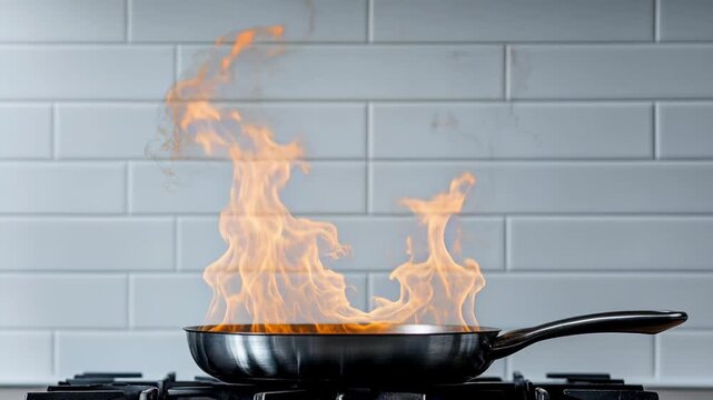 Dramatic high flames erupt from a stainless steel skillet on a kitchen stove with tiled background.