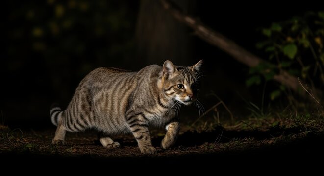 A wildcat with a lithe body stalking through a dark moonlit forest.