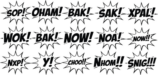 Obraz premium Comic book style sound effect words in black starbursts on white background text speech bubble
