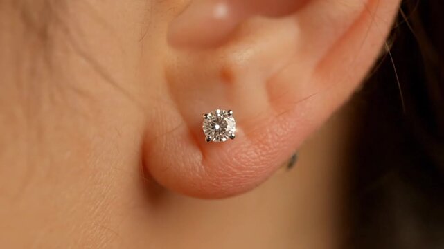 Close-up of a sparkling diamond stud earring on a woman's earlobe