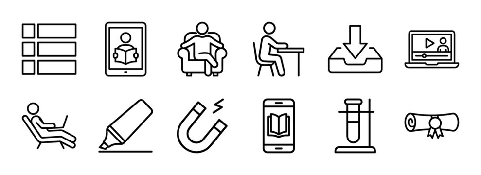 Self Education and Remote Learning Monoline Outline Icons. Minimalist geometric line art for digital study and academic research.