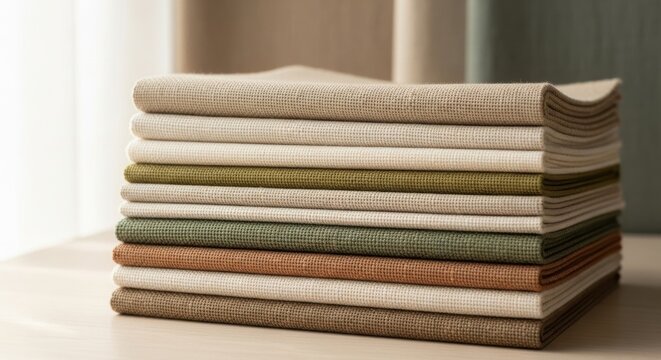 A neat stack of natural linen and cotton fabric swatches in various earthy tones, showcasing diverse textures and weaves for design inspiration.