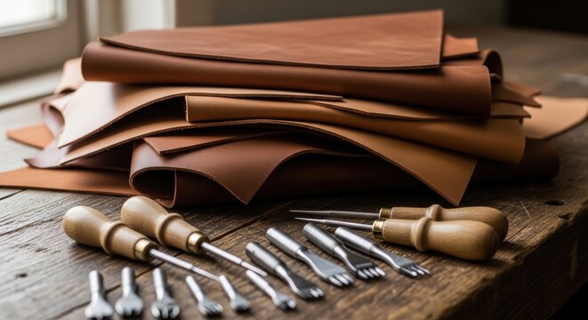 A Stack of Smooth Leather Offcuts in Various Shades with Leather Crafting Tools Arranged on a Wooden Surface.