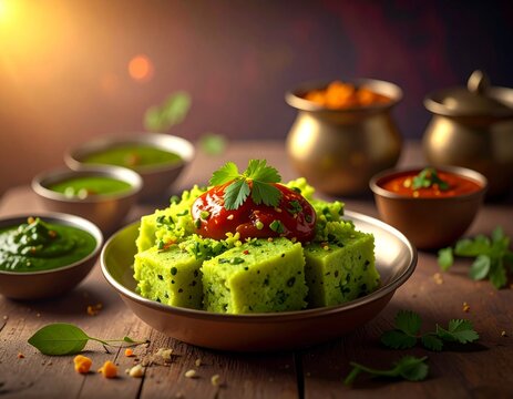 Khaman Dhokla made up of rice or urad dal is a popular breakfast or Snacks recipe from Gujarat, India, served with Green chutney and fried chilli.. Selective focus