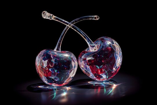 A pair of cherries carved entirely from clear glass, from a fine glass, are placed on a glossy black surface. Light passes through the cherries, creating a colorful light scattering reflection around 