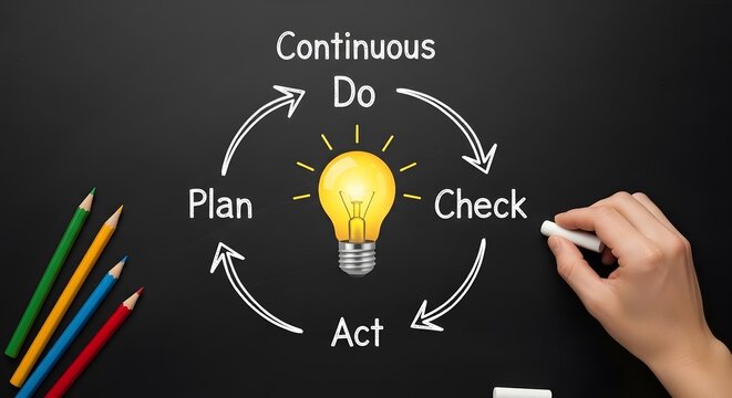 Hand drawing continuous improvement cycle on blackboard