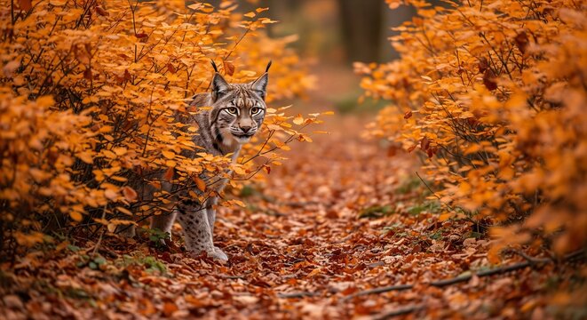 A Lynx hiding behind a thicket of orange autumn bushes, tufted ears visible, intense gaze, forest floor covered in fallen leaves, 16:9 aspect ratio.