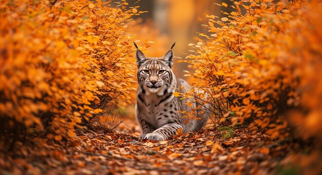 A Lynx hiding behind a thicket of orange autumn bushes, tufted ears visible, intense gaze, forest floor covered in fallen leaves, 16:9 aspect ratio.